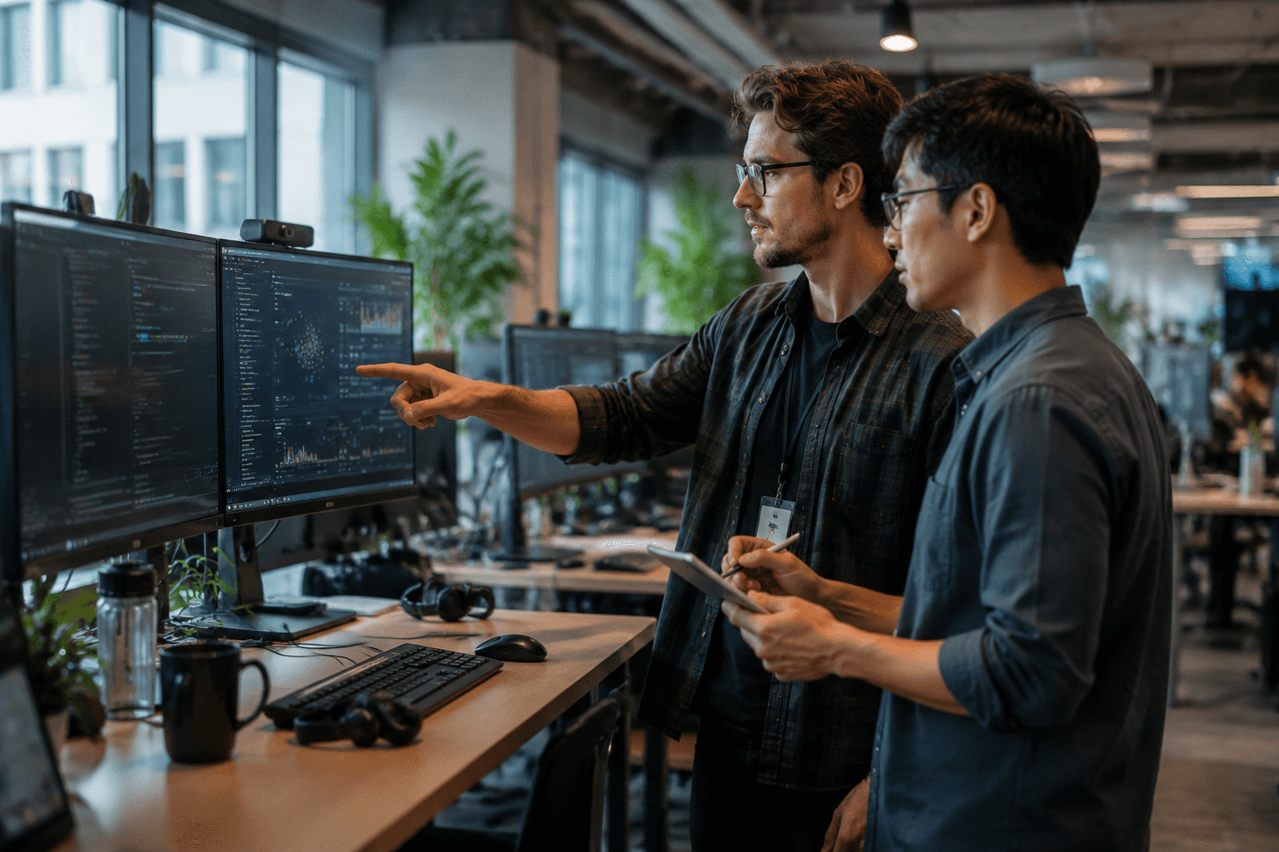 Software engineers reviewing application data and code