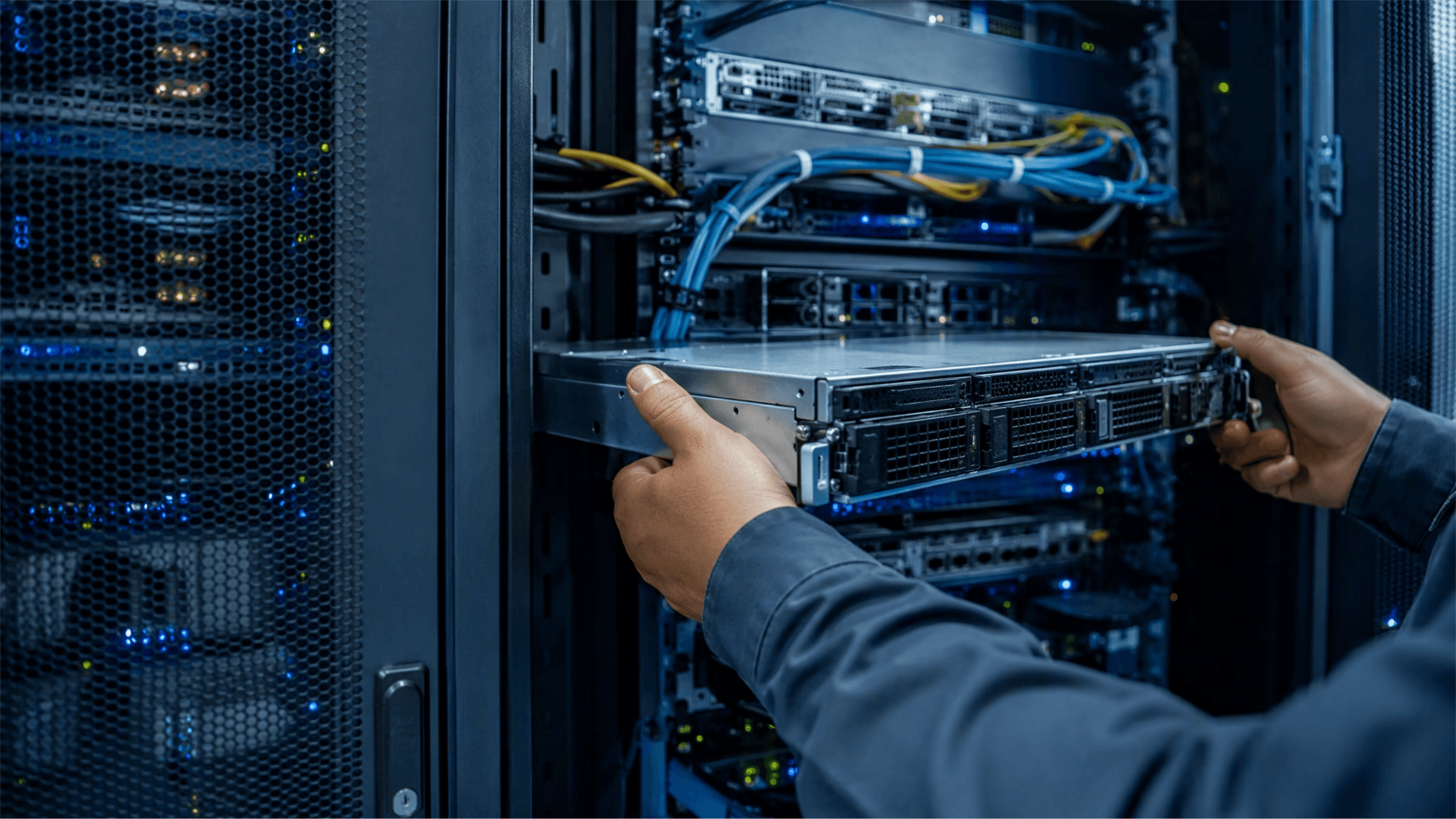 An engineer installing server hardware in a data centre