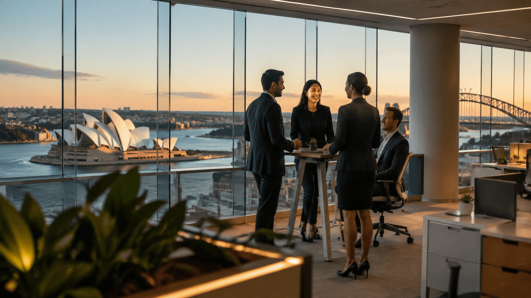 Modern corporate office interior at golden hour