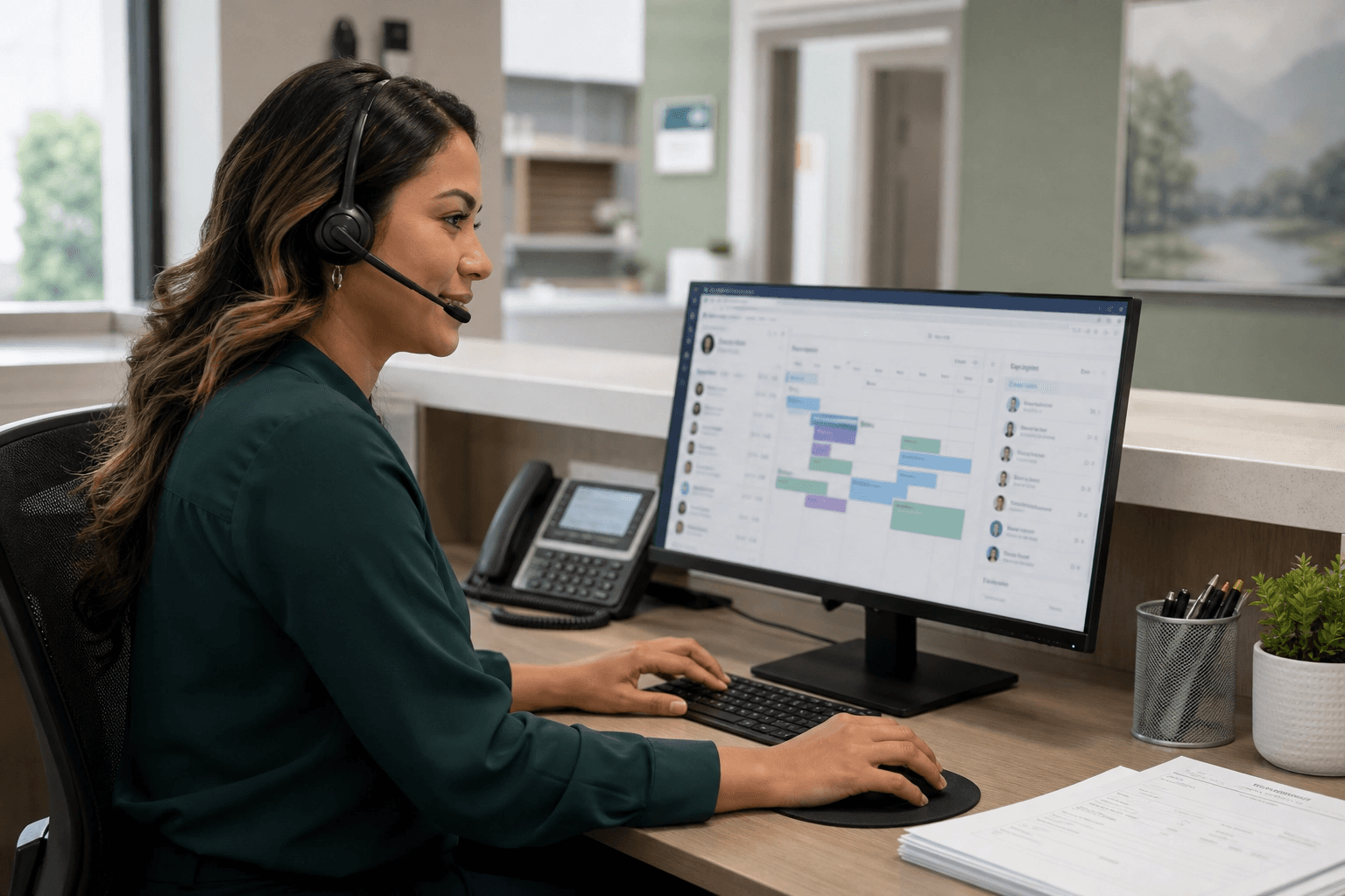 A healthcare coordinator at the front desk managing patient operations