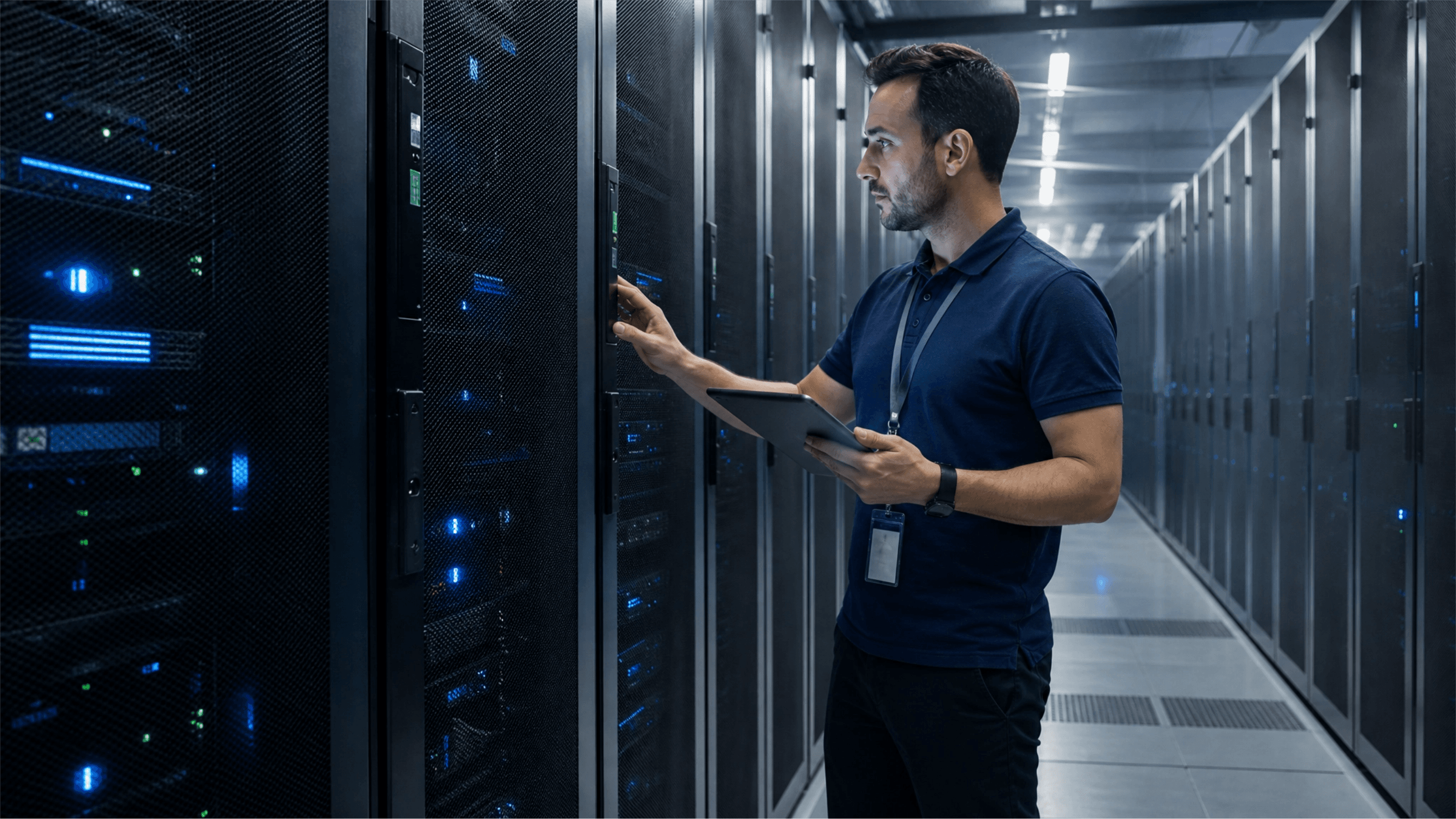 A modern data centre with blue ambient lighting