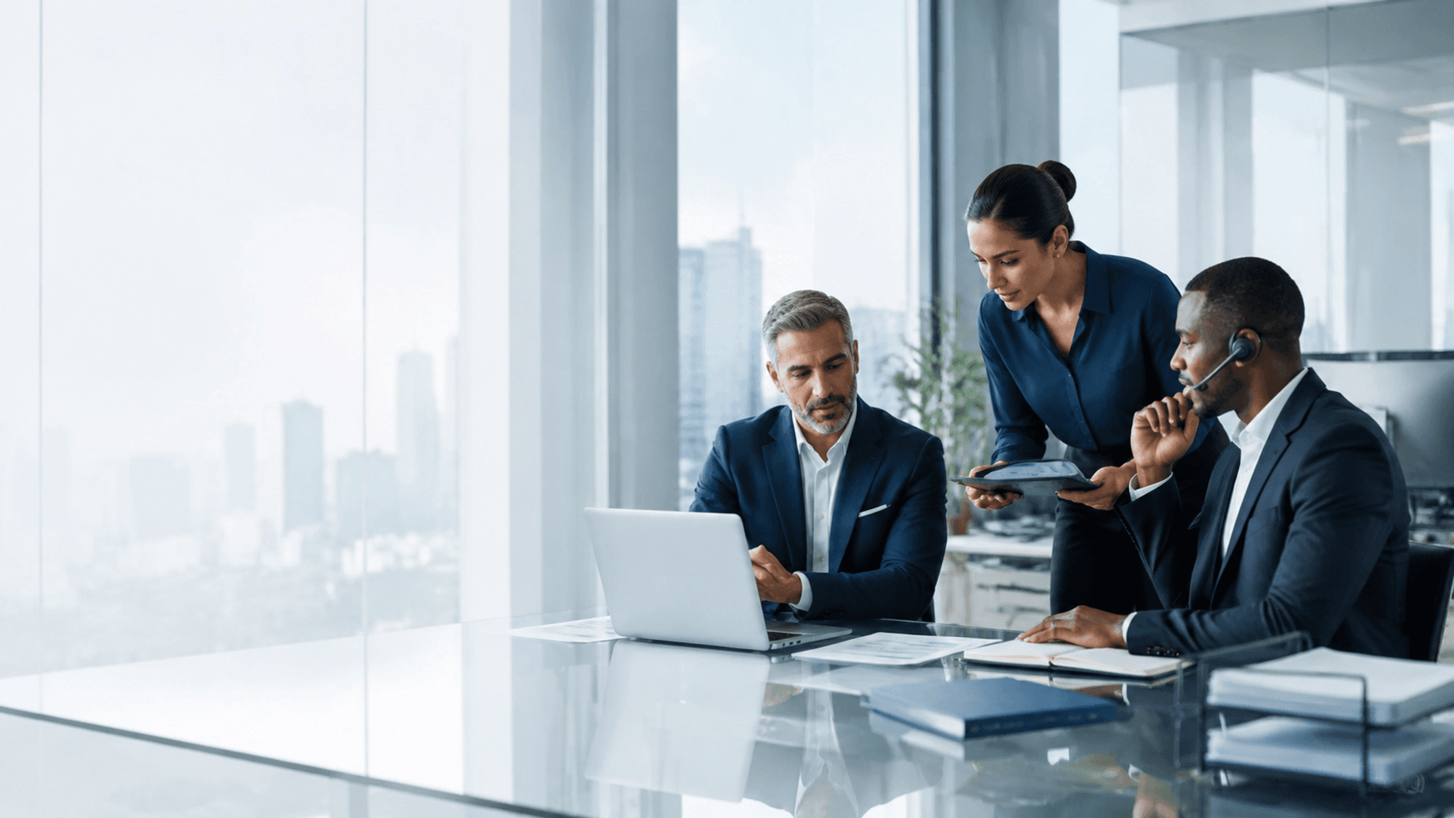 Team members collaborating around a conference table in a modern office