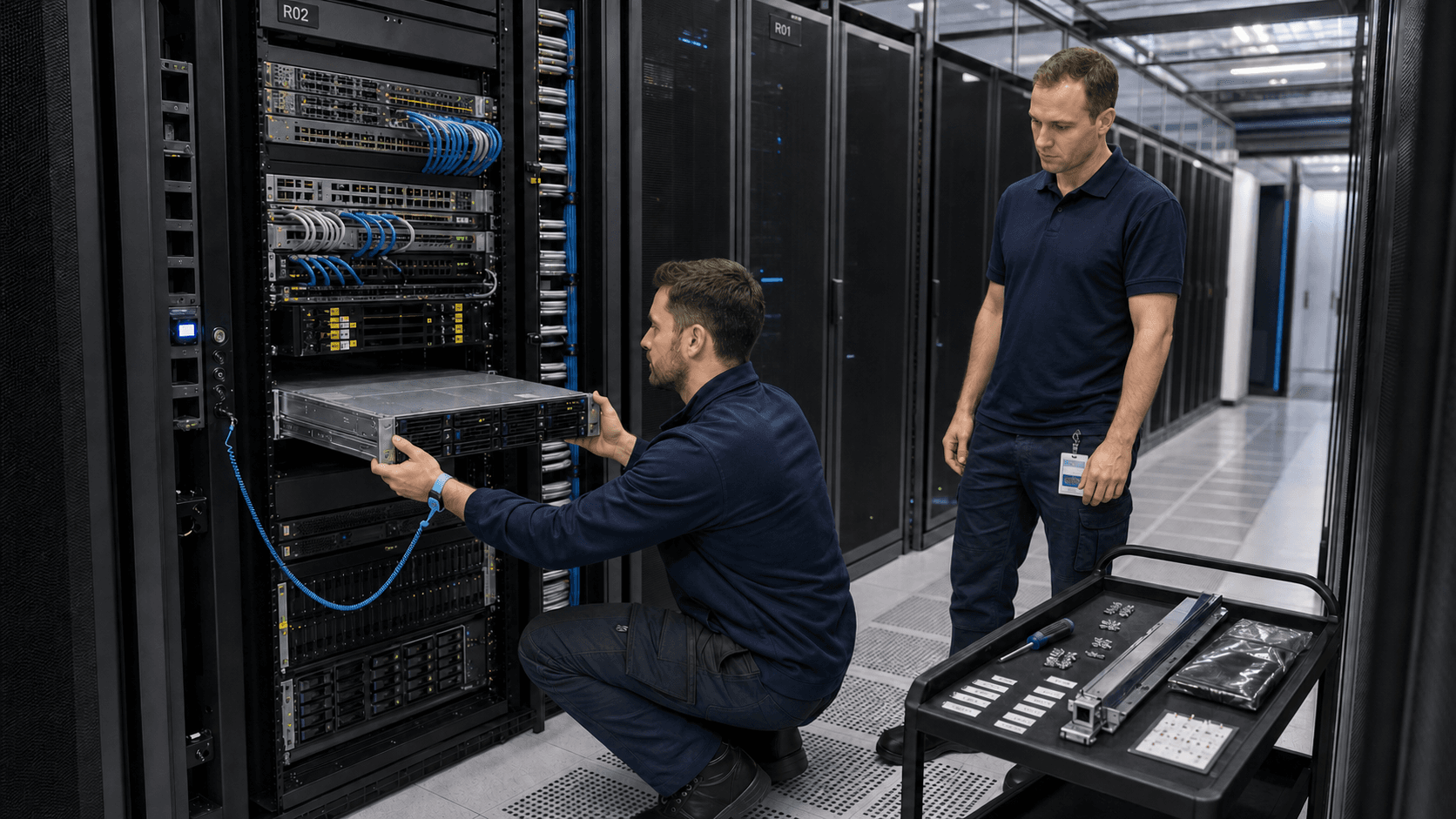 Engineers deploying infrastructure in a modern data centre