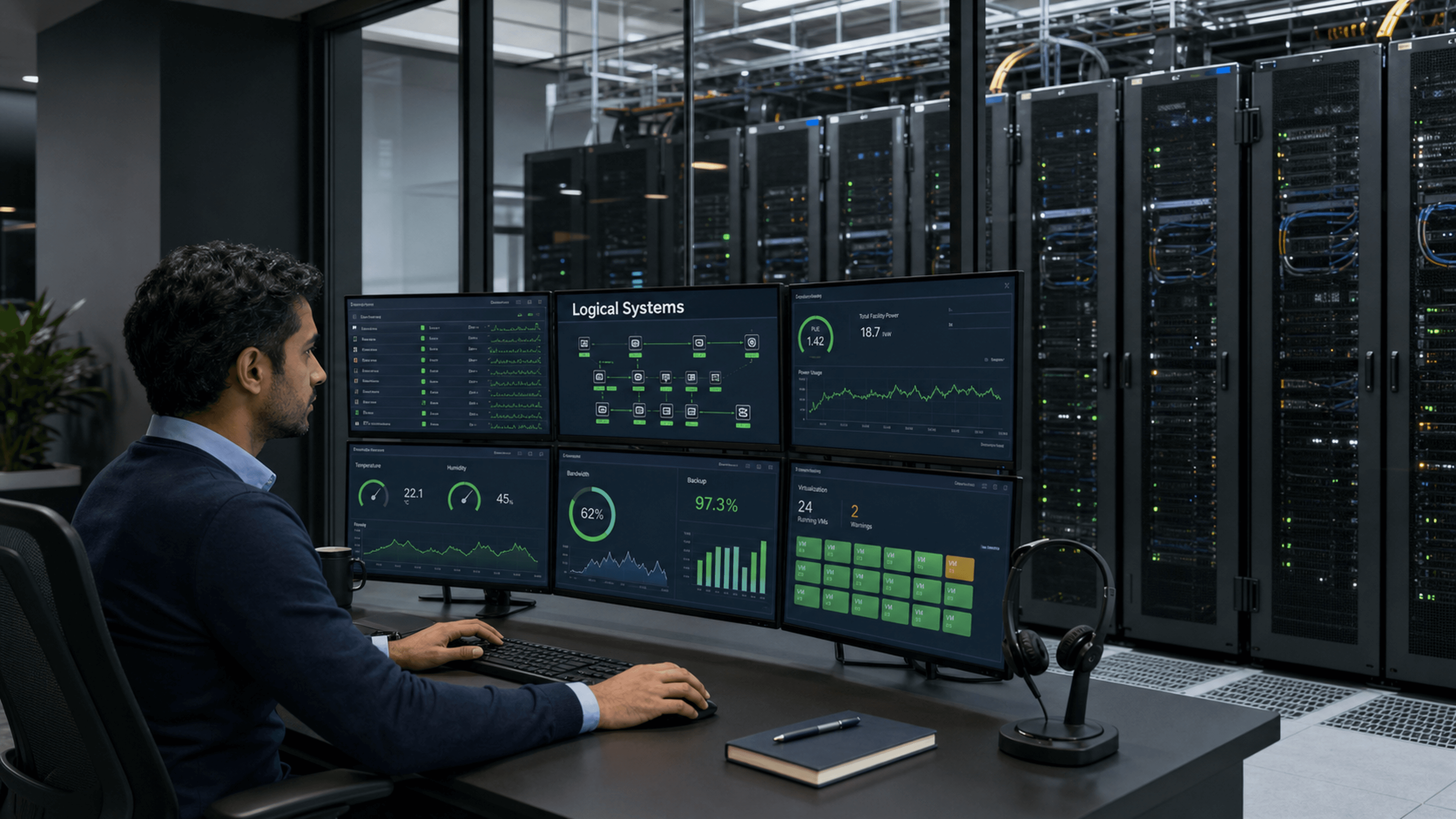 Engineers monitoring infrastructure across high-resolution data centre displays