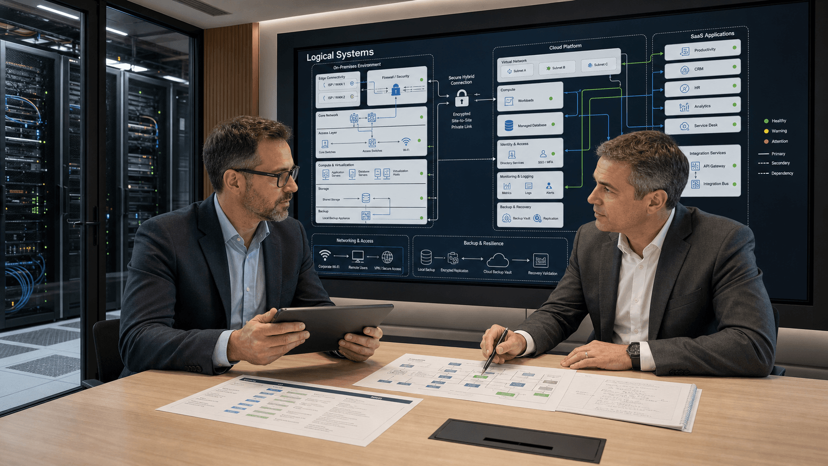 Engineers monitoring a hybrid IT security environment