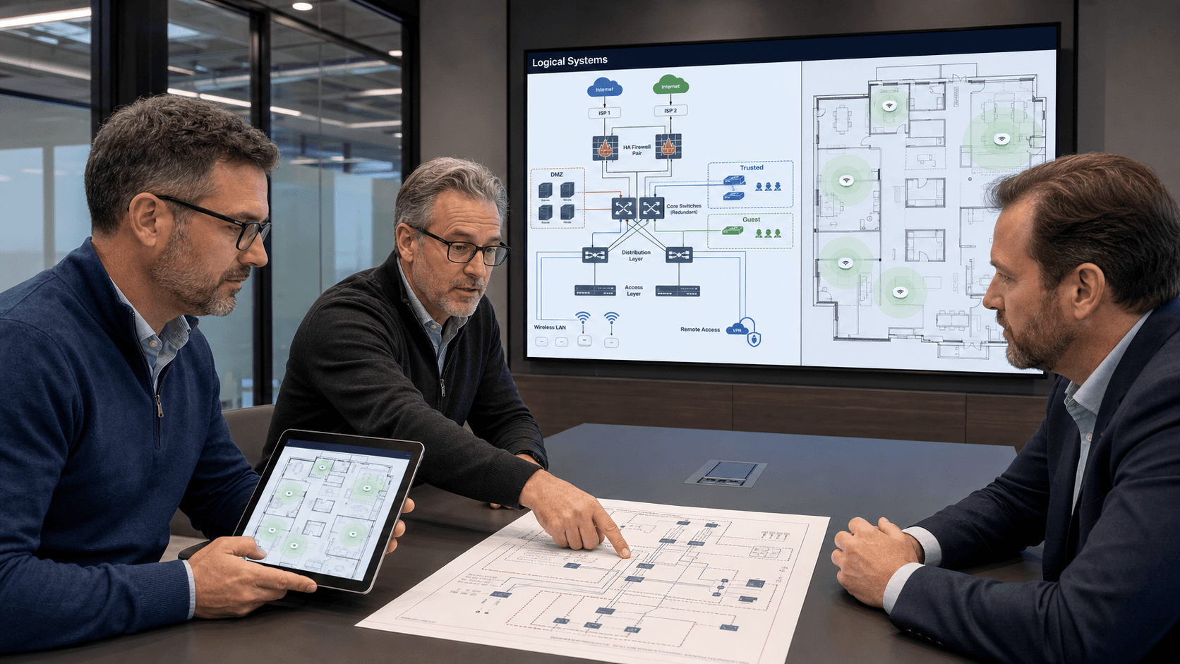 Engineers reviewing a network architecture plan