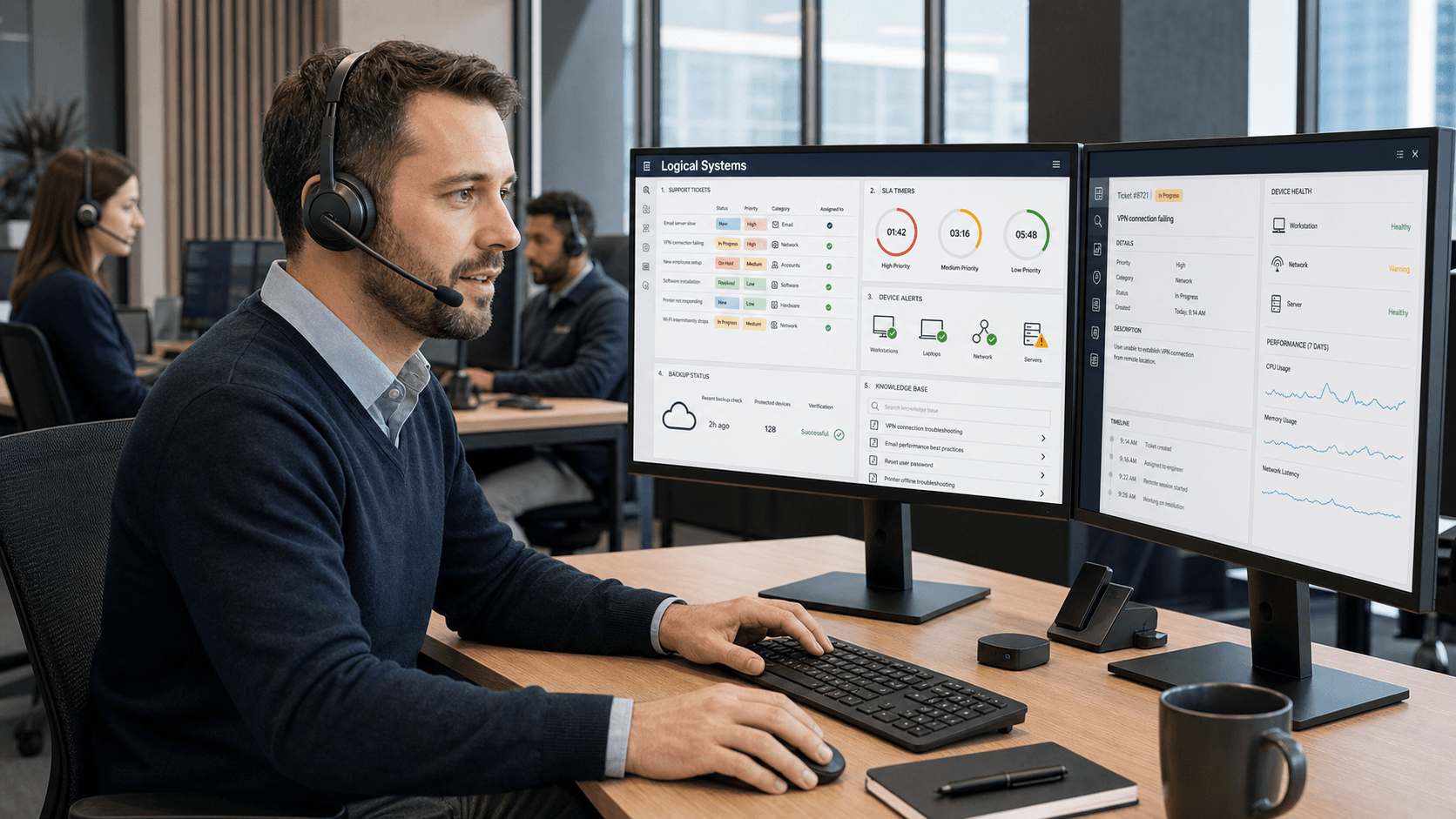 A support engineer reviewing service desk operations